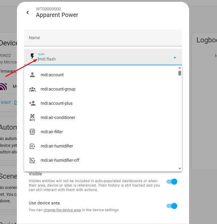 Entity Icon Selection in Home Assistant A fragment of the Home Assistant interface showing the entity icon selection window with the MDI icon list displayed.