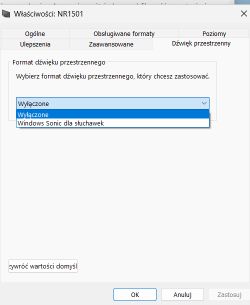 Zrzut ekranu okna właściwości dźwięku, pokazujący opcje formatu dźwięku przestrzennego, z wybranym formatem Wyłączone.