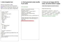 Screenshot showing a configuration panel with three steps: pasting a template, generating a script, and applying the script for a DIY smart switch device.