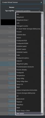 Screenshot of the Create Virtual Sensor in Domoticz with a dropdown menu of sensor types.