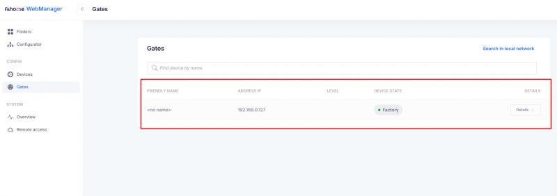 WebManager admin panel showing a list of gateways, displaying one gateway with IP 192.168.0.127 in “Factory” state.