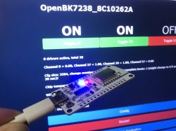 OpenBK7238 board with USB power connection, in front of a screen displaying a graphical interface.