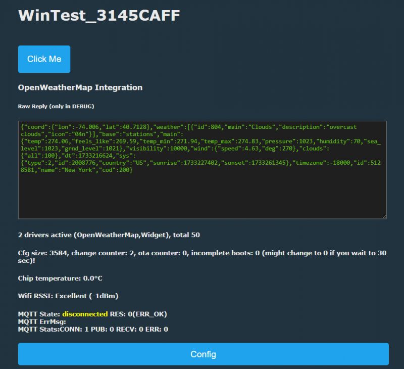 Screenshot of a Windows simulator testing OpenWeatherMap integration.