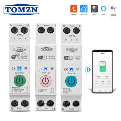 View of three TOMZN WiFi circuit breakers on a DIN rail with a mobile app