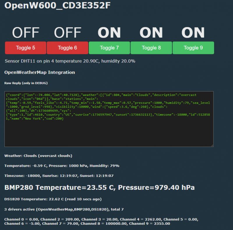 OpenW600 interface screen with weather information and toggles.
