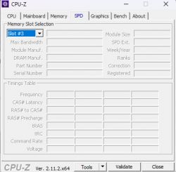 Zrzut ekranu programu CPU-Z z zakładką SPD otwartą na module pamięci Slot #3.