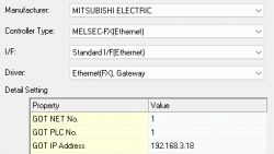 Ustawienia połączenia w GT Designer 3 dla GOT1000 z urządzeniem FX5U przez Ethernet.