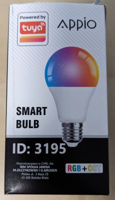Appio Smart Bulb Packaging Packaging of Appio smart bulb with Tuya logo and RGB+CCT label.
