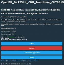 Screenshot of the OpenBK user interface displaying temperature, humidity, battery level, and other diagnostic data.