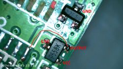 Close-up of a circuit board with a marked P558K element, which is a Hall effect sensor.