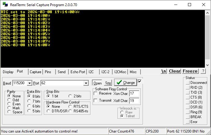 RealTerm screenshot showing RTC log: time 2026-03-08 19:14:00 and subsequent seconds