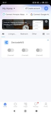 Screenshot of a smart home control app showing a device named Devicedef613 with three switchable channels.