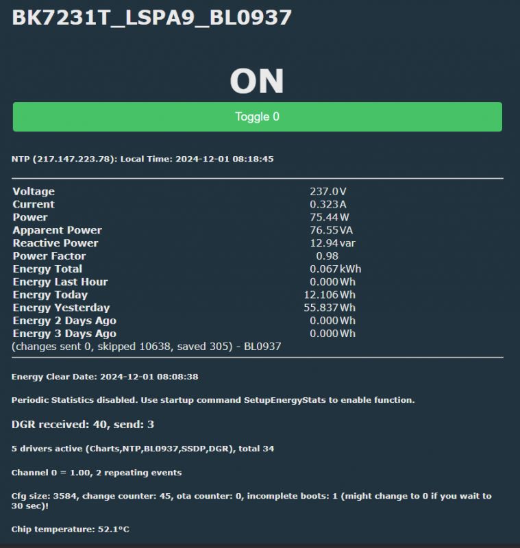 Energy Measurement Display on IoT Device with BK7231T and BL0937 Energy measurement screen on an IoT device with BK7231T and BL0937