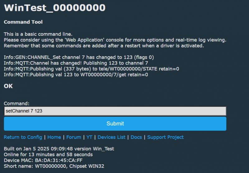 Screenshot of the WinTest_00000000 command tool with a command field.
