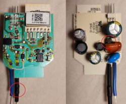 Two PCB photos; right board has a scorched component area highlighted with a red circle.