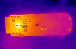 Thermal image of an electronic circuit with two temperature readings.
