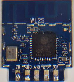 Printed circuit board labeled WL2S with visible electronic components, including a chip and pins marked as EN, WDC, A10, A12.