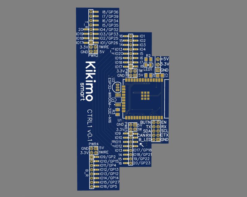 View of CNTRL1 PCB with ESP32 and various connectors with labeled pins.