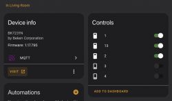 OpenBeken user interface in Home Assistant showing device info and controls.