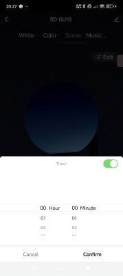 App Interface with Timer and Lighting Scene Smartphone app interface with timer setting and lighting scene selection.