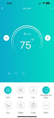 Screen of an air conditioner control app, set to 75°F and cooling mode selected.