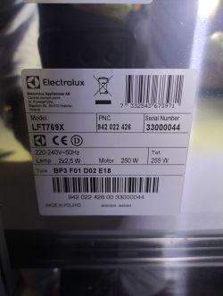 Tabliczka znamionowa okapu Electrolux Tabliczka znamionowa okapu Electrolux model LFT769X.