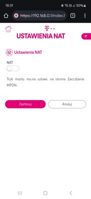 Ekran ustawień NAT na urządzeniu mobilnym z adresem IP 192.168.0.1