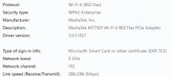Szczegóły połączenia Wi-Fi: pasmo 5 GHz, karta MediaTek MT7921, prędkość 286 Mbps