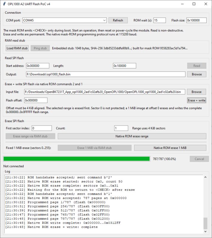 Screenshot of OPL1000 A2 UART Flash PoC v4 showing SPI flash write progress and an operation log.