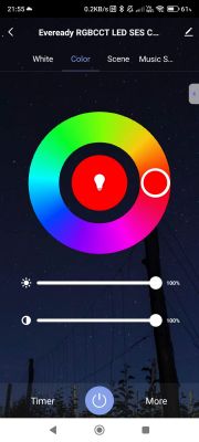 App screen for controlling Eveready RGB CCT smart bulb.