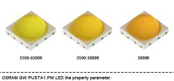 Trzy diody LED OSRAM GW PUSTA1.PM o różnych temperaturach barwowych.