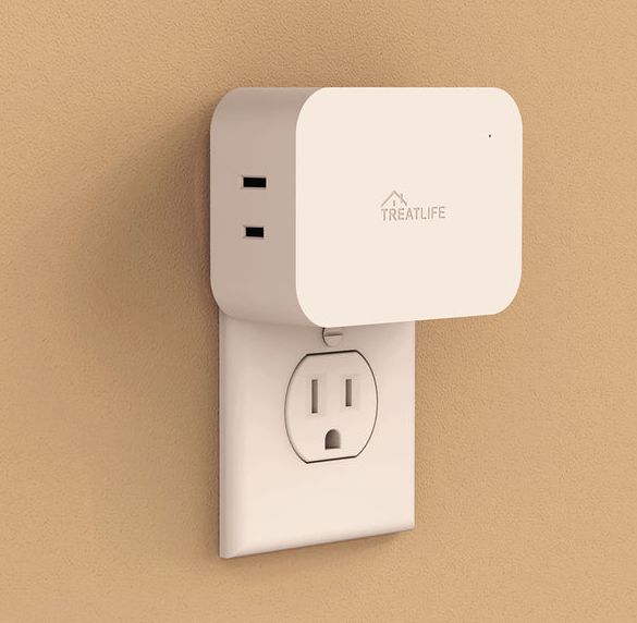 Treatlife smart plug in a white casing connected to a wall socket.