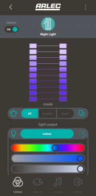Arlec Grid Connect App Interface Arlec Grid Connect app interface for controlling desktop bar lights.