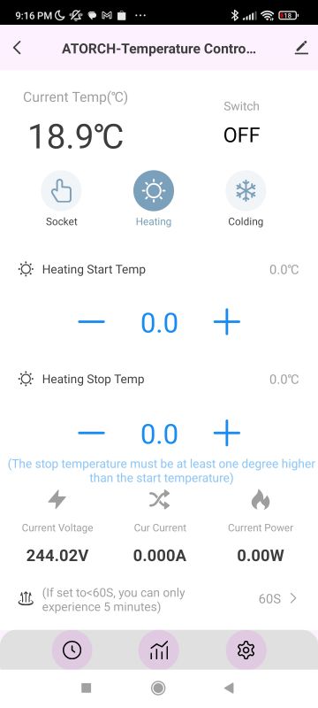 ATORCH App Screen – Temperature Management ATORCH app screen displaying temperature measurements and device controls.