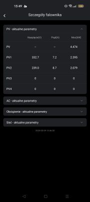 Ekran z aplikacji pokazujący szczegóły falownika z parametrami PV.