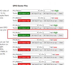 Screenshot of an interface showing GPIO Doctor pin settings with pin P3 highlighted at a high value.