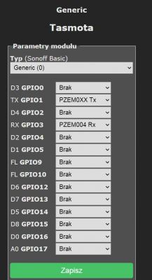Zrzut ekranu konfiguracji Tasmota dla modułów GPIO.