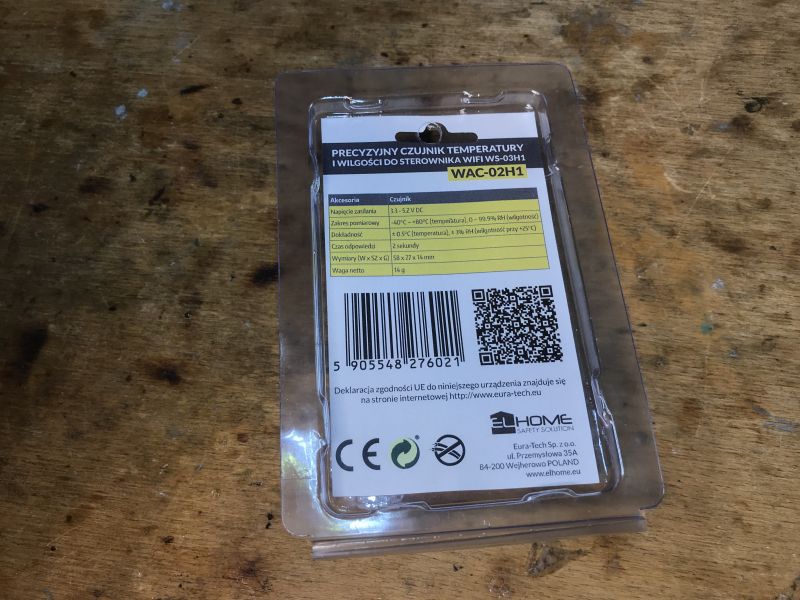 WAC-02H1 Sensor Label Label describing the WAC-02H1 temperature and humidity sensor.
