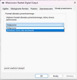 Menu ustawień Realtek Digital Output z opcjami dźwięku przestrzennego.