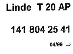 Skany danych technicznych wózka Linde T 20 AP z numerem 141 804 25 41 i datą 04/99.