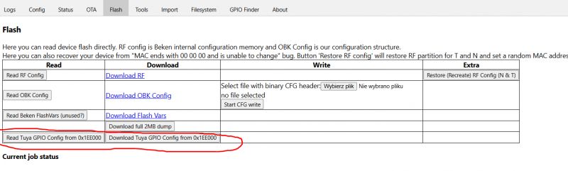 Screenshot of a web application page for managing device memory, showing the Flash section with a table of options for reading, downloading, and writing configurations.