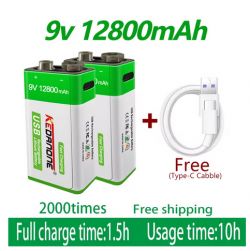 Zestaw dwóch akumulatorów 9V 12800mAh z kablem USB typu C
