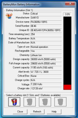 Zrzut ekranu okna programu BatteryMon pokazującego szczegółowe informacje o stanie baterii laptopa.