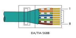 Schemat wtyczki RJ-45 z pinami według standardu EIA/TIA-568B