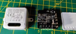 Matter 1CH Module with Electronic Board Matter 1CH switch module next to an open casing with a visible electronic board on a green measurement mat.