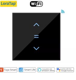 Czarny dotykowy panel LoraTap Wi‑Fi z podświetlanymi strzałkami i ikoną pauzy