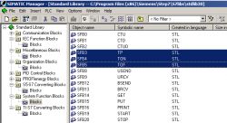 Zrzut ekranu z programu SIMATIC Manager pokazujący bibliotekę standardową z blokami funkcji.