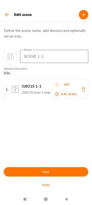 Edit scene screen in a control app showing SCENE 1-1 with Save button.