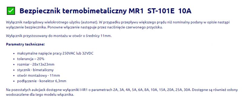 Opis produktu wyłącznik termobimetaliczny MR1 ST-101E 10A