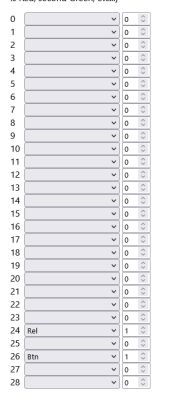 Dropdown list and number fields from 0 to 28 with labels “Rel” and “Btn”